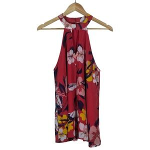 Japna Halter Neck Floral Top Red Keyhole Sleeveless Beachy Lightweight Size L
